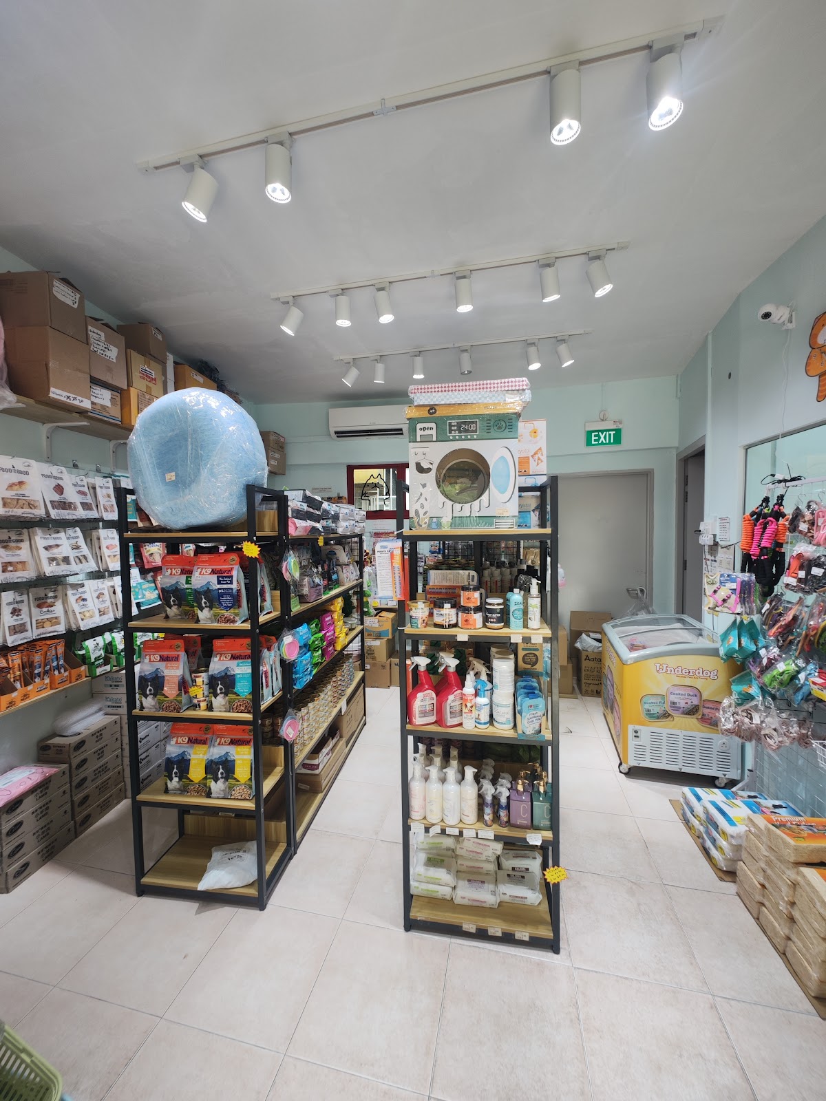 Inside the shop looking down the aisle, mint walls and track lighting above tidy shelving